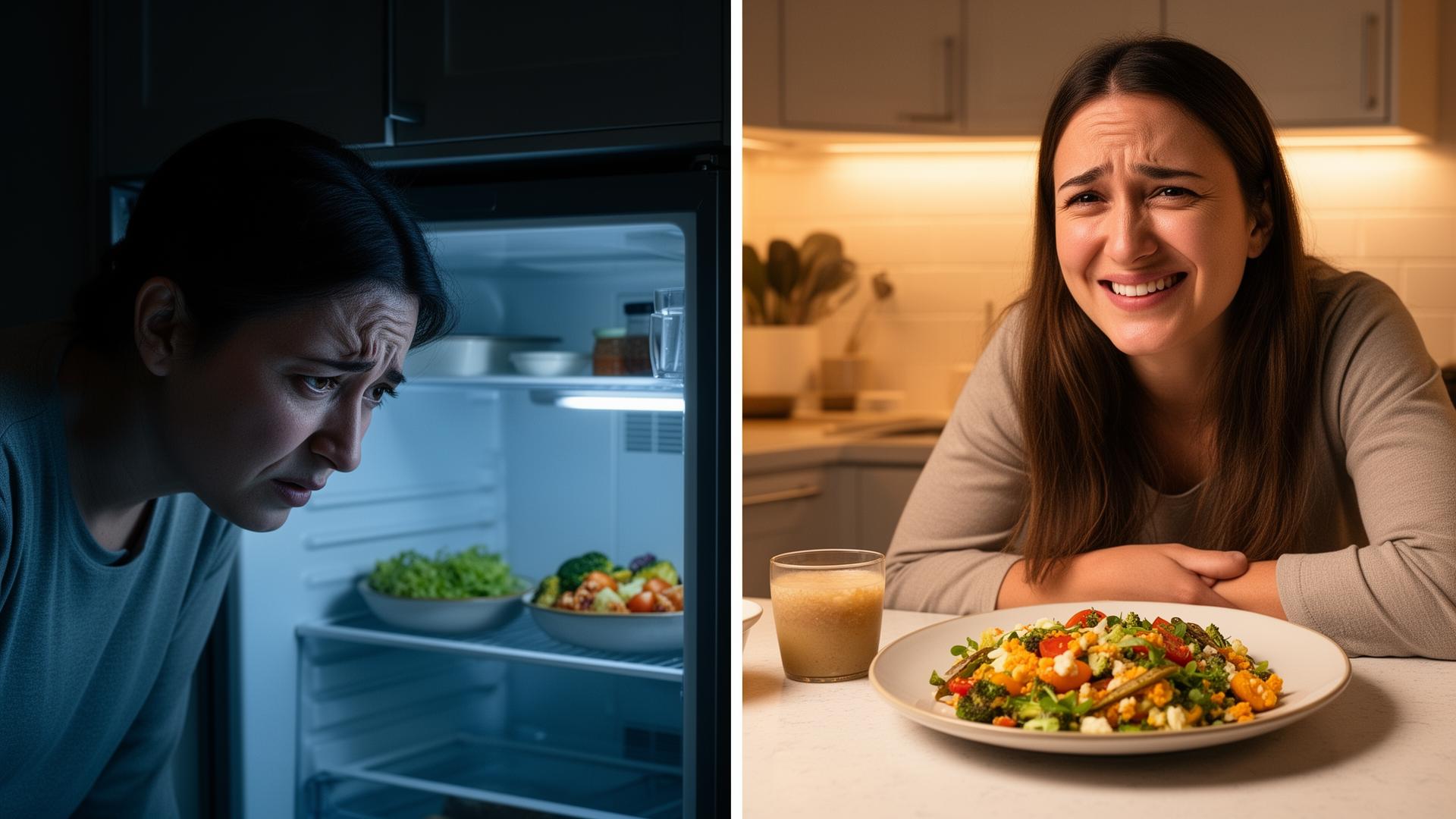Comparación antes y después: persona estresada frente al refrigerador vs comida lista en minutos